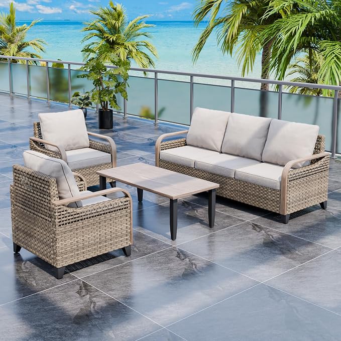 EAGLE PEAK Modern Wicker Outdoor Patio Furniture Set, Patio Conversation Set, 2 Chairs, 3-Seat Loveseat and Coffee Table, 4 Pieces, Brown/Gray