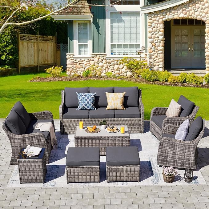 MEISSALIVVE Patio Furniture Set with Swivel Rocking Chairs, 8 Pieces Patio Conversation Set, Outdoor Wicker Sofa Couch with Waterproof Cushions for Lawn Backyard Porch (Grey)
