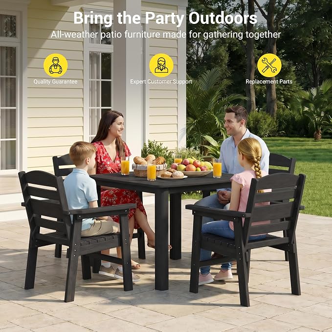 5-Piece HDPE Outdoor Dining Set for 4, Outdoor Table and Chairs | Weather Resistant Patio Table and Chairs set, Square Table with Umbrella Hole for Garden, Backyard, Lawn and Poolside, Black