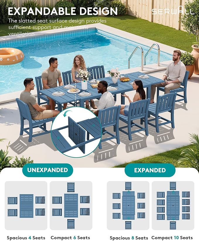 SERWALL 7-Piece Outdoor Dining Set, 60" - 83" Expandable Outdoor Dining Table and 6 HDPE Chairs, All Weather HDPE Outdoor Furniture Set for Backyard, Garden, Blue