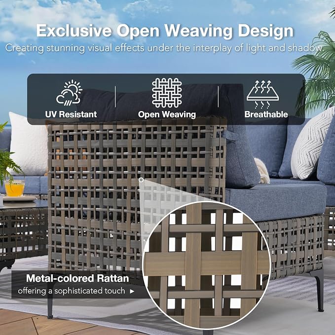 Patiorama 7 Piece Wicker Patio Furniture Set, Metal-Colored PE Rattan Outdoor Sofa Set Patio Sectional with Water Resistant Cushion and Coffee Table, Outdoor Couch, Porch, Backyard-Denim Blue