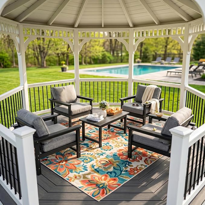 5-Piece Outdoor Patio Furniture Set, HDPE Conversation Set with 4 Ergonomic Armchairs & Large Coffee Table, Waterproof & UV-Resistant Outdoor Chairs with Cushions for Garden, Deck