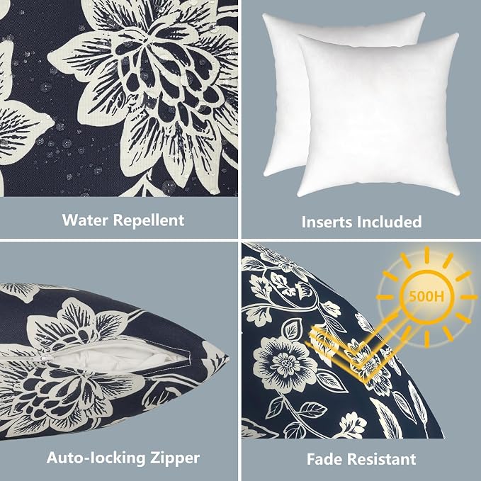 LVTXIII Outdoor Pillows 20x20 Inch, 2 Pack Large Decorative Square Throw Pillows with Inserts for Couch, Bed, Floor Seating, Patio Furniture, Elegant Vines Navy