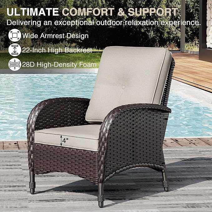 Joyside Wicker Patio Chairs, 3 Piece Rattan Outdoor Furniture with Thickened Cushions, High Back, Deep Seating, Wide Armrest, Outdoor Chairs for Porch, Deck