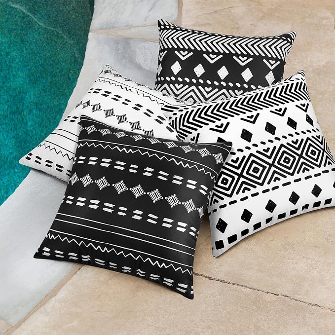 Outdoor Waterproof Pillow Covers 18x18 Set of 2 Black Geometric Design | Waterproof Fabric Designed for Patio Furniture, Porch, Balcony and Garden Decor