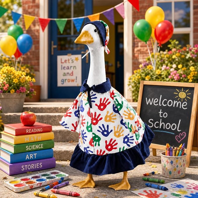 Outus Art Back to School Porch Goose Outfits Includes Colorful Handprint Dress Hat First Day of School Classroom Goose Clothing for Outdoor Garden Yard Patio Lawn 23" Statue