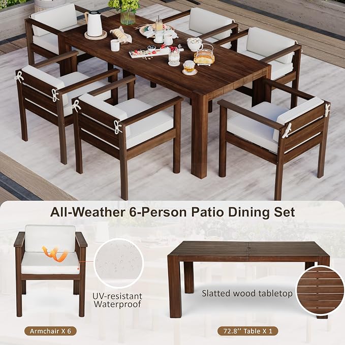 7-Piece Patio Dining Table Set for 6, Outdoor Furniture Sets with 71" Rectangle Table and Removable Cushions,for Backyard Garden Poolside (Mocha + Beige#m)