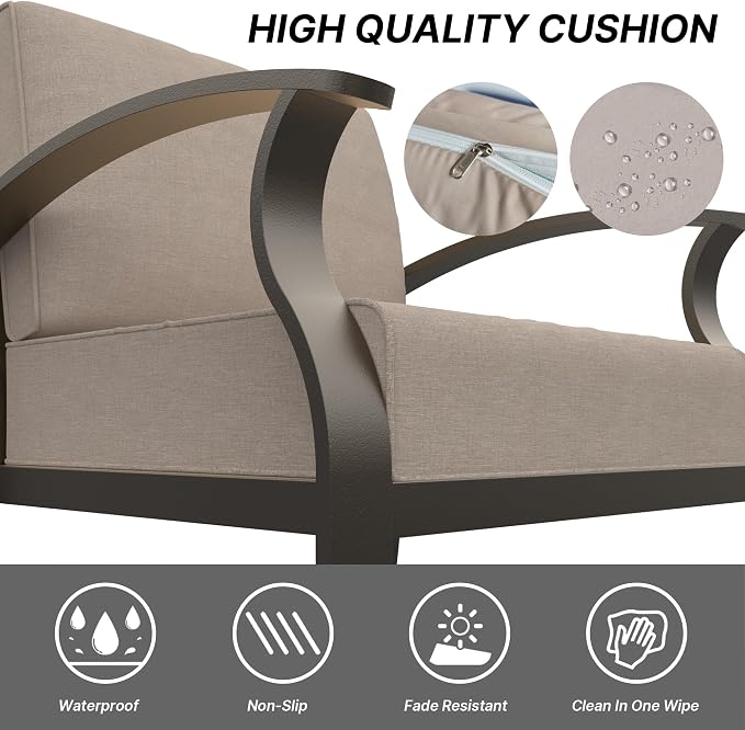 Gotland Aluminum Patio Furniture Set with Fire Pit Table, Metal Patio Furniture with 12 Seats Waterproof 5.1'' Seat Cushions, Oversized Outdoor Sectional Conversation Sets for Balcony Porch Khaki