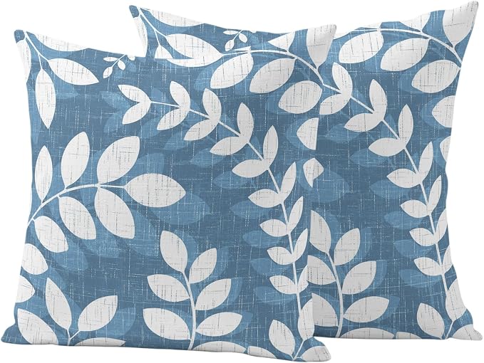 Lake Blue Leaves Outdoor Waterproof Throw Pillow Covers 24x24 Set of 2, Farmhouse Botanical Branch Vintage Boho Leaf Decorative Pillowcases Cushion Pillowcase for Couch Sofa Patio Pillow Protector