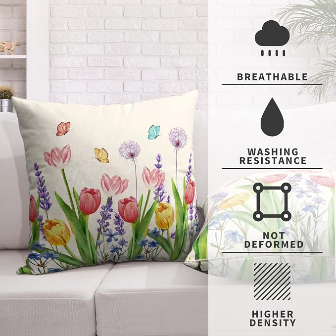 Summer Pillow Covers Pink Tulip Floral Throw Pillow Case 20x20 Lavender Dandelion with Butterflies Pillow Protectors Set of 2 for Farmhouse Garden Patio Living Room