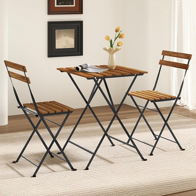 Giantex 3-Piece Acacia Wood Bistro Set, Patio Bistro Table with 2 Folding Chairs, Slatted Seat & Tabletop, Metal Frame, Outdoor Furniture Set for Backyard, Porch, Garden, Poolside (Black + Brown)