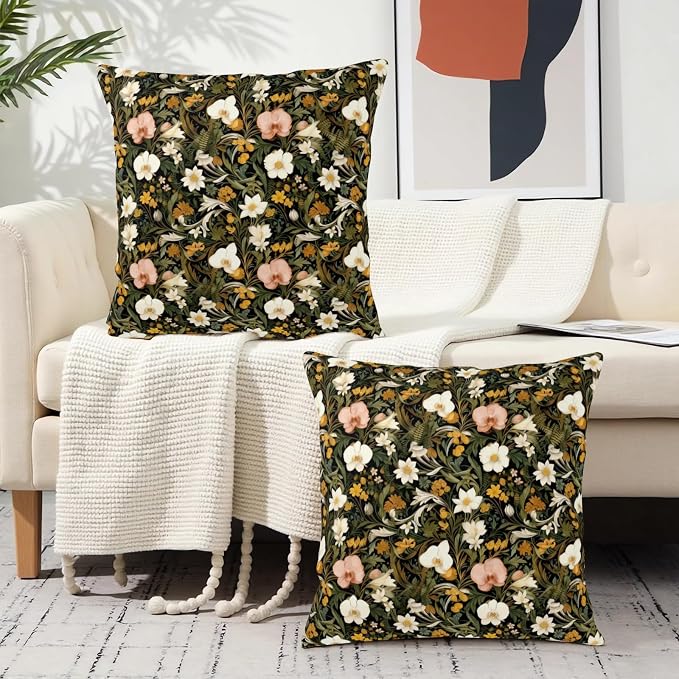Spring Summer Dark Floral Throw Pillow Covers Vintage Flower Pillow Covers 18x18 Set of 2 Wildflower Botanical Outdoor Pillow Cases Rustic Boho Farmhouse Cushion Case for Porch Patio