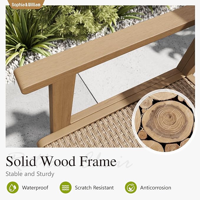 Sophia & William Patio Dining Chairs Outdoor 2 Pieces Hand Woven Wooden Rattan, Acacia Wood Outside Chair with Rattan Seat & Back for Porch Backyard Set of 2(Light Brown)