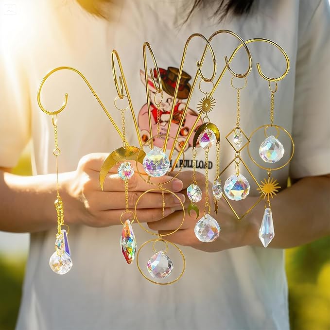 6Pack Small Trellis for Potted Plant Indoor with Crystal Prisms Sun Catcher | 13.5'' Metal Plant Stake Suncatchers for Mini Potted Plant Decoration for Home Window Garden,Gift For Plant Lovers
