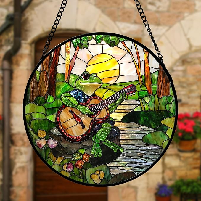 DASTOLL Stained Glass Window Hanging, Frog Playing Guitar Suncatcher Diamond Glass Panel Funny Sun Catchers Decor for Birthday for Women, Men, Wife, Aunt, and Mom 6.3 in