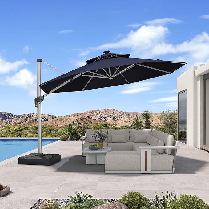 PURPLE LEAF Cantilever Umbrella with Base 13ft Outdoor Round Patio Solar Powered LED Umbrella with 360-degree Rotation for Garden Deck Pool Patio, Navy Blue