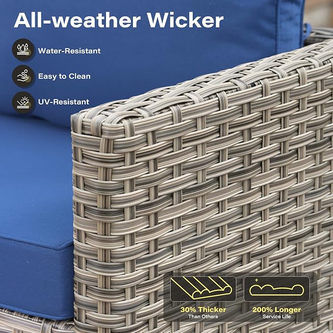 9 Pieces Outdoor Sectional Patio Furniture Set with 42" Fire Pit,Conversation Sets Rattan Wicker L Shaped Couch Swivel Rocking Chairs,Modular Outdoor Sofa for Porch Balcony Backyard Navy Blue