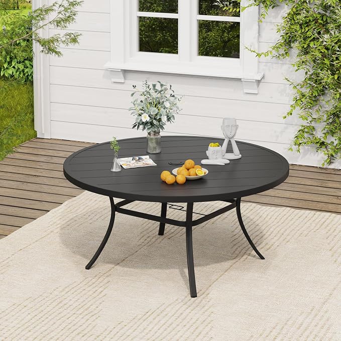 VICLLAX Patio Dining Set, 53" Black Table & 6 Chairs with Grey Cushion | Outdoor Table and Chairs Set of Round Metal Patio Table, Outdoor Dining Chairs with Metal Frame, Garden Deck Porch