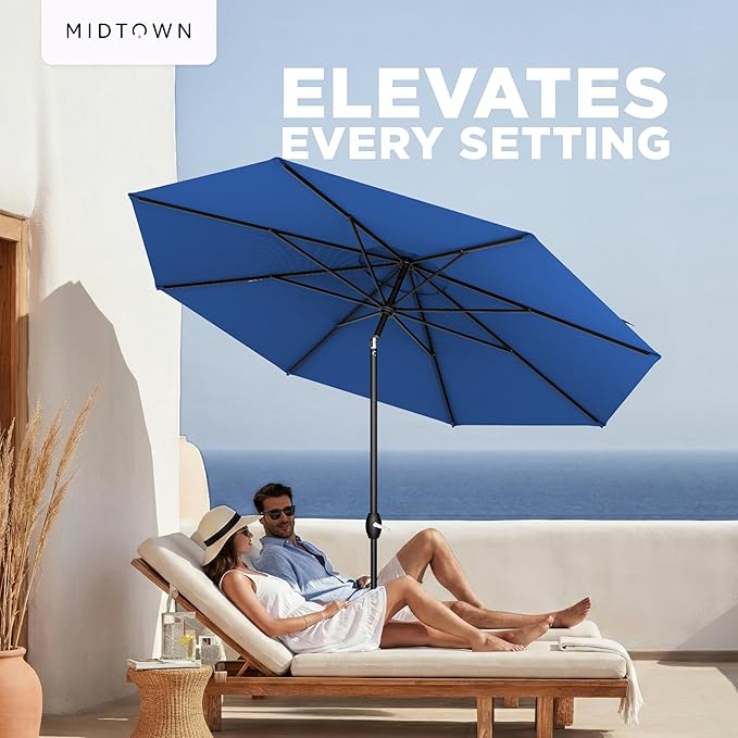 Midtown Umbrellas – The Lean 8 Ft Patio Umbrella with 10-Year-No-Fade Acrylast Acrylic Fabric, Auto-Tilt and 8 Reinforced Ribs for Deck, Pool, Garden, Hotel & Cafes – Deep Atlantic Canopy, Black Pole