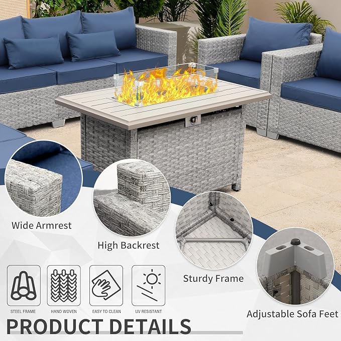 6-Piece Wicker Outdoor Patio Furniture Set with PE Rattan Sectional Sofa, Conversation Set and Fire Pit Table for Backyard Patio(Gray)