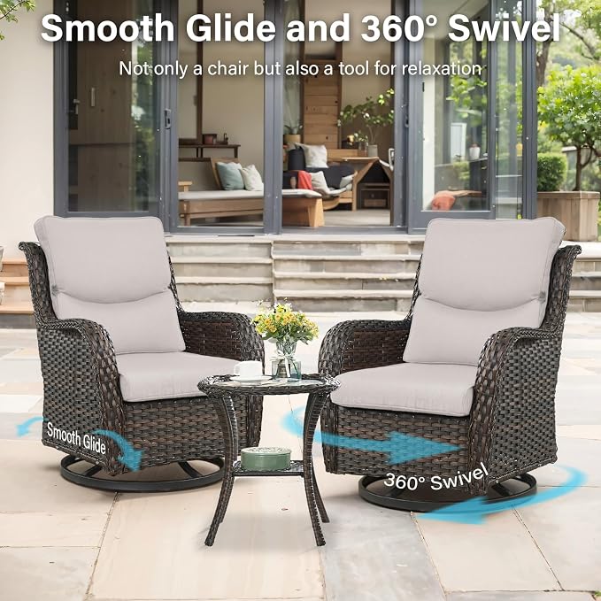 Outdoor Swivel Rocker Patio Chairs with 5" Thick Cushion - 3 Piece Wicker Bistro Set with Side Table, High Back Comfty Outdoor Glider Chairs for Balcony, Porch, Deck, Poolside - Brown/Beige