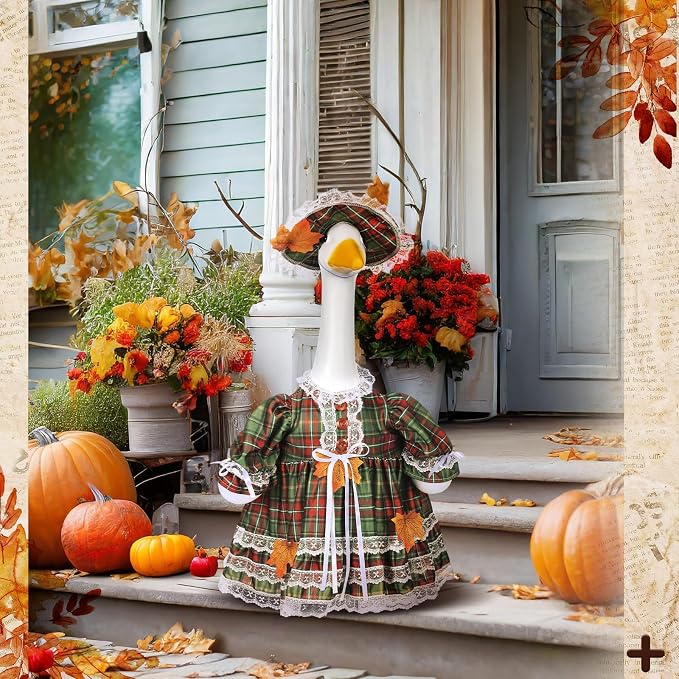 Suzile Fall Plaid Porch Goose Outfit Autumn Goose Clothes for 23 Inch Cement or Plastic Geese Costume Plaid Dress for Yard Lawn Outdoor Garden Patio Duck Statue Thanksgiving Party Decor