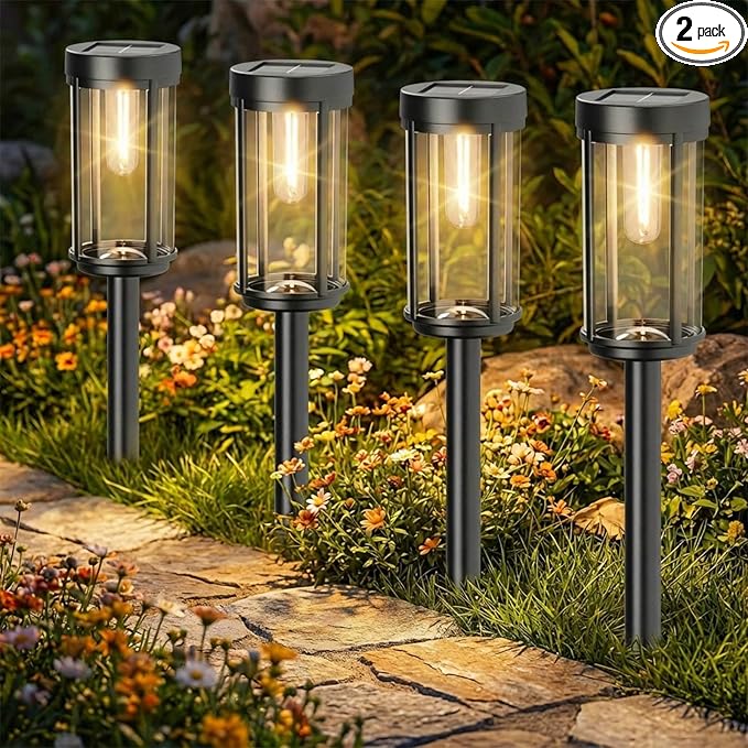Sparkblaze 2 Pack Solar Pathway Lights Outdoor, Modern Classic Solar Garden Lights, Auto On/Off Landscape Lighting for Yard, Lawn, Patio, Walkway, Waterproof Solar Stake Lights. (2, Warm White)
