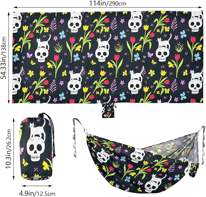 Camping Hammock Outdoor Hammocks for Outside Skull Cat Tulip Flower Beach Trees Portable Lightweight with Pockets Tree Straps Indoor