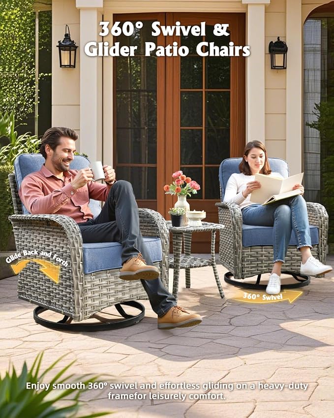 Outdoor Sectional Patio Furniture Set with Rocker Chairs,7 Pieces Wicker Conversation Sets L Shaped Couch,Extra Deep Out Door Sofa Outside Furniture,Blue