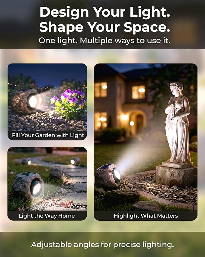 4 Pack Solar Rock Lights Outdoor, Angle Adjustable Solar Lights Outdoor Waterproof, LED Solar Garden Lights, Auto On/Off Landscape Lighting for Yard Pathway Patio Flower Bed - White Glow (Stone Brown)