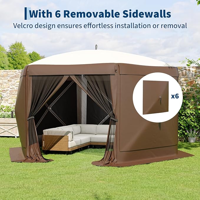 GarveeLife 13x13FT 6-Sided Pop Up Canopy Tent，One-Push Setup Canopy Tent with Removable Canopy Top & Wind Cloths, Outdoor shelter for Camping, Backyard Parties, Outdoor Events - Beige & Khaki