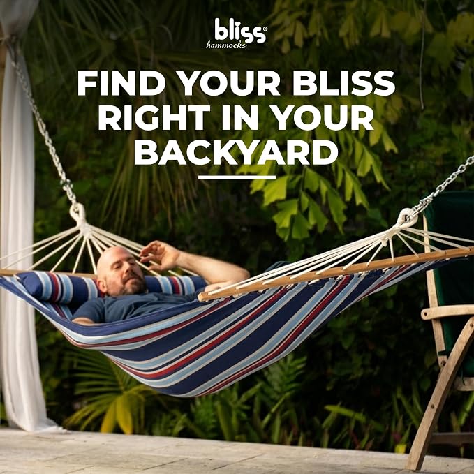 Bliss Hammocks BH-404C 48in Wide Caribbean Hammock w/Pillow, Outdoor Poolside Patio Backyard Hammock, Includes Velcro Straps & Chains, Eco Friendly Polyester & Cotton Blend, 265lb Capacity, Patriot