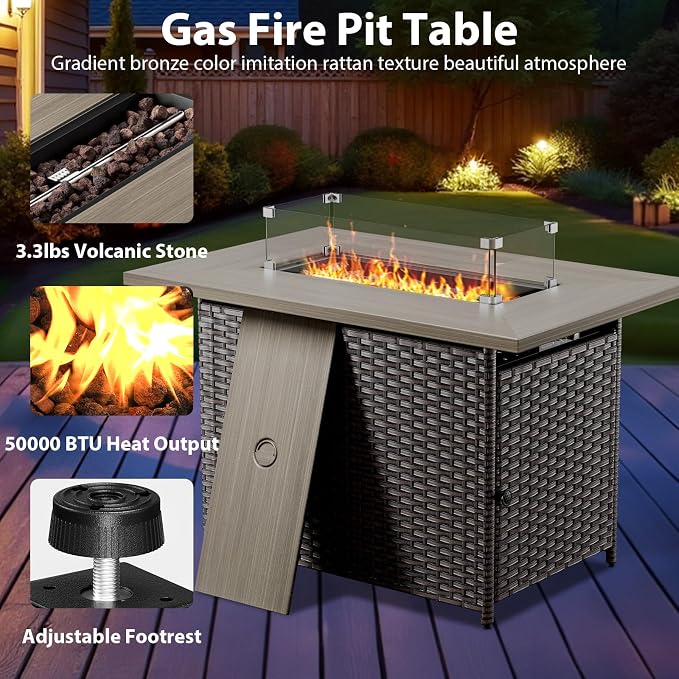 4 Piece Wicker Patio Furniture with Fire Pit Table - Outdoor Conversation Set with 50,000 BTU Fire Pit, All Weather Rattan Patio Set for Deck Backyard Garden - Brown Wicker Beige Cushion