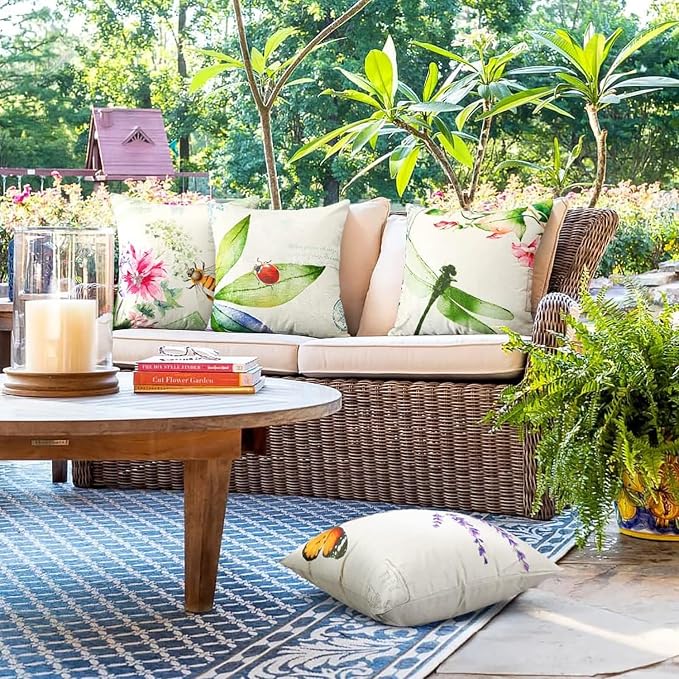 Outdoor Pillows Waterproof Garden Decoration Bee Butterfly Dragonfly Ladybug Pillow Case Leaf Lavender Flower Decorative Throw Pillow Covers 18 x 18 Inches Set of 4 outdoor pillow covers 18x18