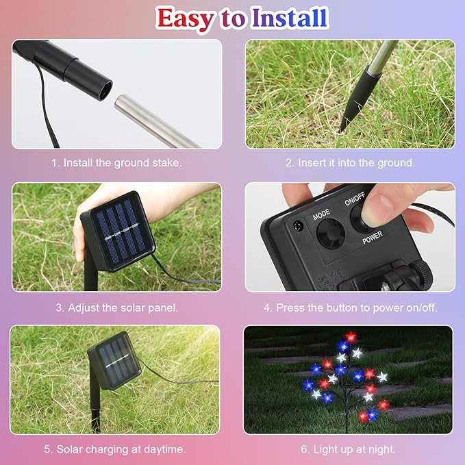 Lewondr 4th of July Decorations Solar Garden Lights, Outdoor Red Blue White Star Solar Lights, Waterproof Patriotic Decor with 20 LED 2 Lighting Modes for Independence Day Memorial Day, 4 Pack