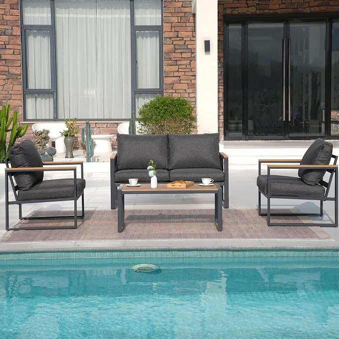Patio Furniture Set, 4 Pieces Outdoor Patio Furniture with Coffee Table Set, Metal Patio Conversation Sets with Washable and High-Resiliency Sponge Cushions,Upgarded Grey