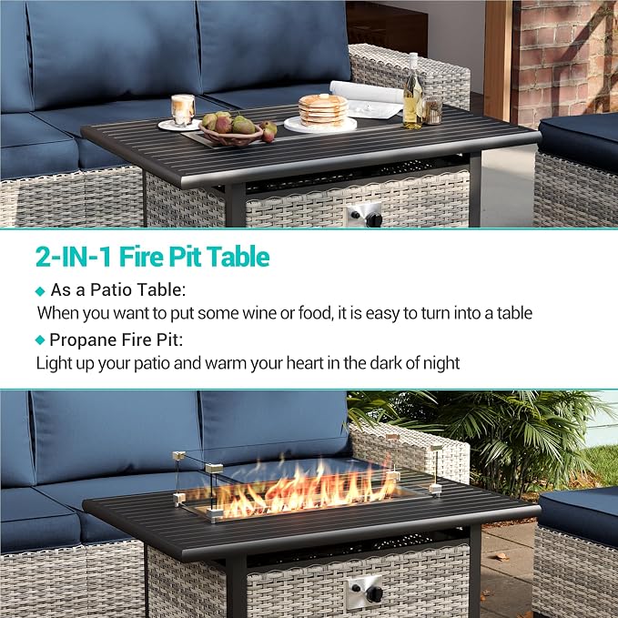 10Pcs Patio Rocking Swivel Chair with 55,000 BTU Fire Pit Table Outdoor Wicker Rattan Bistro Set with Tempered Glass Side Table, Outdoor Patio Furniture Set for Garden and Balcony, Blue