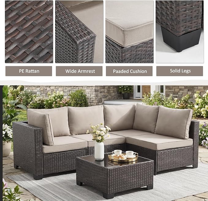 ANJ Outdoor Wicker Patio Chairs Set of 2, Modular Armless Patio Seating with Thick Cushions, All-Weather Rattan Conversation Chair Set for Porch, Balcony, Garden, Backyard, Dark Brown Wicker-Grey
