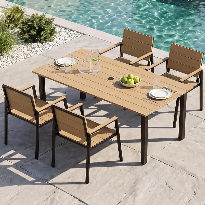 Outdoor Table and Chairs for 4 Aluminum Patio Dining Set with Umbrella Hole | All Weather,HDPS Material,Oversized,5 Piece,for Backyard,Rot-Fade-Crack Proof,Maintenance-Free,Sturdy,Heavy-Duty,Chocolate