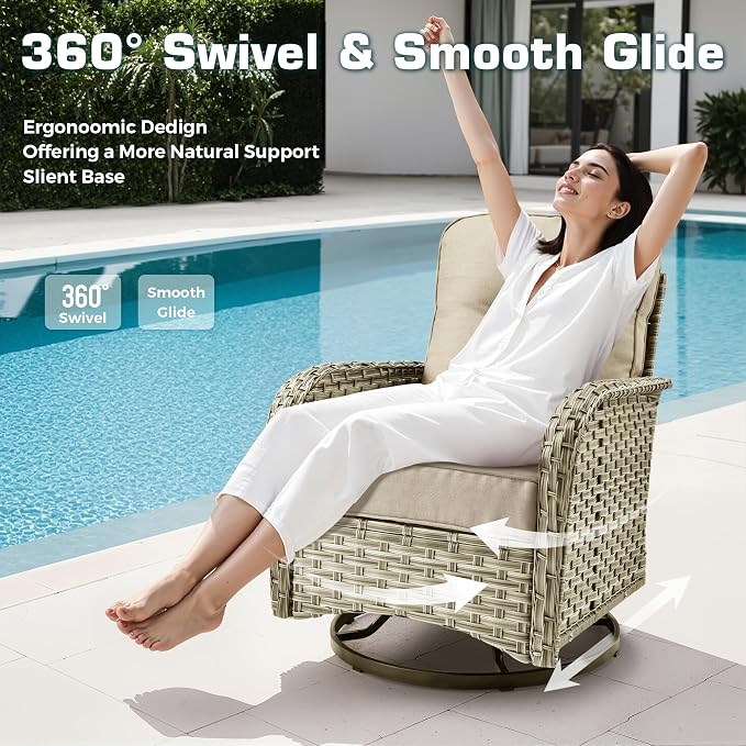 Outdoor Swivel Rocker Patio Chairs with Side Table,Wicker Swivel Rocking Chair Set of 2,3PCS High Back Wicker Patio Furniture Set Glider Chairs for Porch, Balcony, Deck and Yard,Beige
