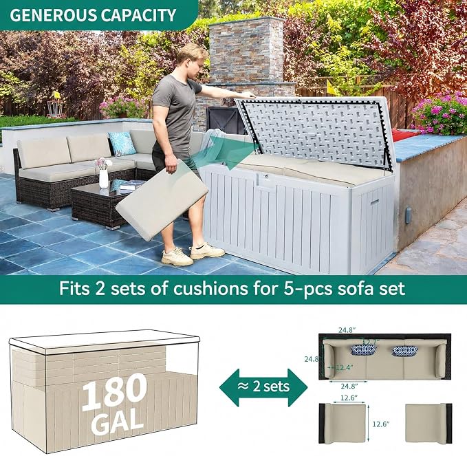 YITAHOME 180 Gallon Double-Wall Deck Box with Side Handles, Outdoor Large Storage for Patio Furniture Cushions, Garden Pool Accessories, Water Resistant & Lockable