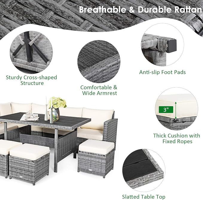 Tangkula 7 Pieces Patio Furniture Set, Outdoor Sectional Rattan Sofa Set with Cushions, All Weather Wicker Conversation Couch Set w/Dining Table & Ottomans for Backyard Garden Poolside (White)