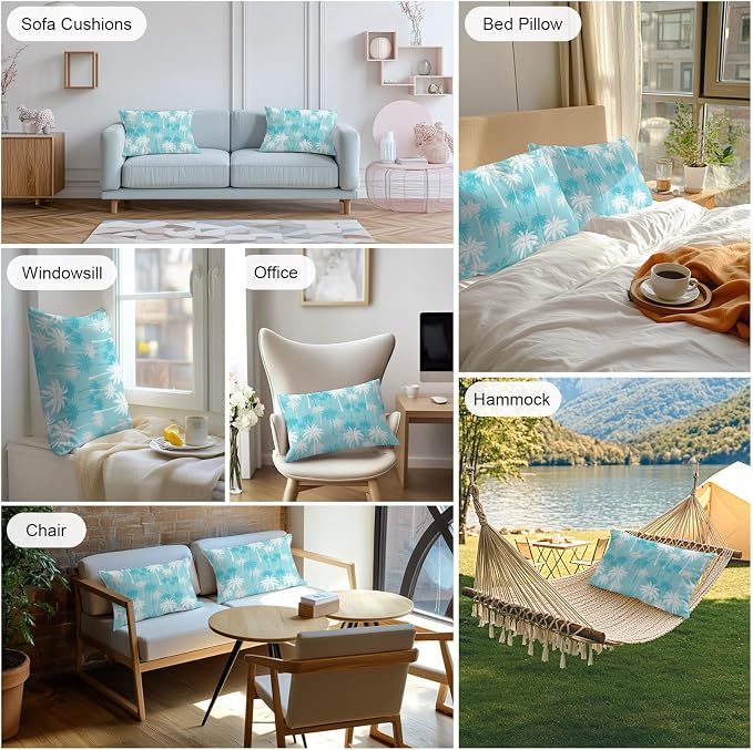 Lumbar Pillow Covers 20x12 Inch Set of 2, Tropical Palm Tree Waterproof Outdoor Pillow Covers, Blue Cyan Plants Coastal Leaf Beach Decorative Cushion Pillowcases for Couch, Sofa, Bed, Garden, Patio