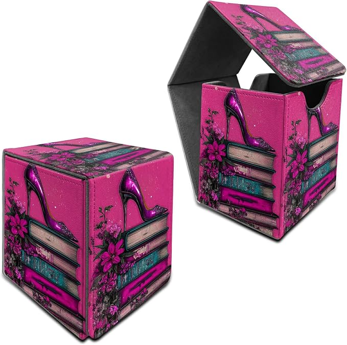 Deck Box for MTG, Cards Storage Box Fits 120+ Sleeved, Leather Medium Size Strong Magnetic Closing Card Case for Board Games Magic TCG CCG Baseball Collection, Pink High Heels