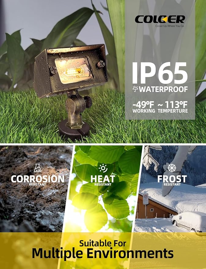 COLOER Brass Small Rectangular Flood Lights Outdoor with 3W 2700K Warm White LED G4 Bulb, 12V Low Voltage Landscape Outside Lights for House Illuminating Signs, Walls and Plant Material
