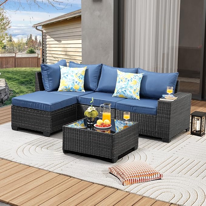 JOYURE 5 Pieces Patio Furniture Set All-Weather Outdoor Wicker Sectional Conversation Sofa Rattan Patio Seating Sofa with Cushion and Glass Table and Ottoman for Porch Poolside,Navy