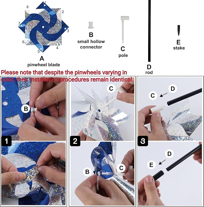 Hausse 10 Pack Reflective Pinwheels with Stakes (Assembly Required), Extra Sparkly Pin Wheel for Garden Decor, Bird Repellent Devices Deterrent to Scare Birds Away from Yard Patio Farm, Blue