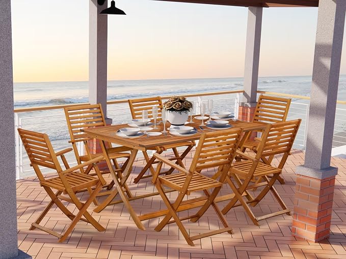 East West Furniture AEBS7CANA 7 Piece Patio Bistro Dining Furniture Set Consist of a Rectangle Outdoor Acacia Wood Table and 6 Folding Arm Chairs, 36x60 Inch, Natural Oil