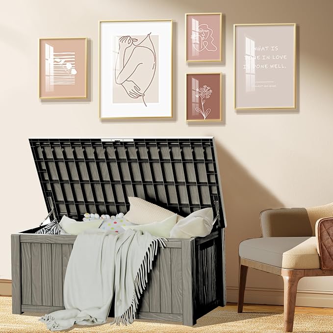 150 Gallon Deck Box Organizer, Doubles as 2-Person Bench Seat, Gray Large Resin Outdoor Storage and Seating with Lockable Lid for Garden, Pool, and Patio