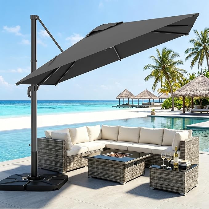 AreShark 10 X 10 FT Cantilever Patio Umbrella, 360-Degree Rotation Square Hanging Offset Umbrella with Crank, Heavy Duty Patio Umbrella for Patio, Pool, Garden, Deck, Grey